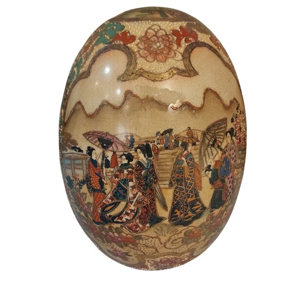 Satsuma Chinese Large Oval Porcelain Display Gold Egg China Moriage Beading - Picture 1 of 8